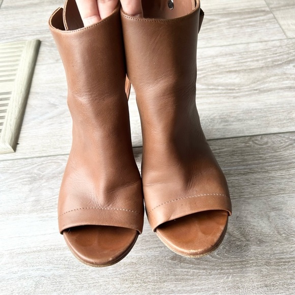 VINCE Addie Open Toe Buckle Back Strap Brown  Leather Bootie Wooden block Heel - Picture 6 of 16